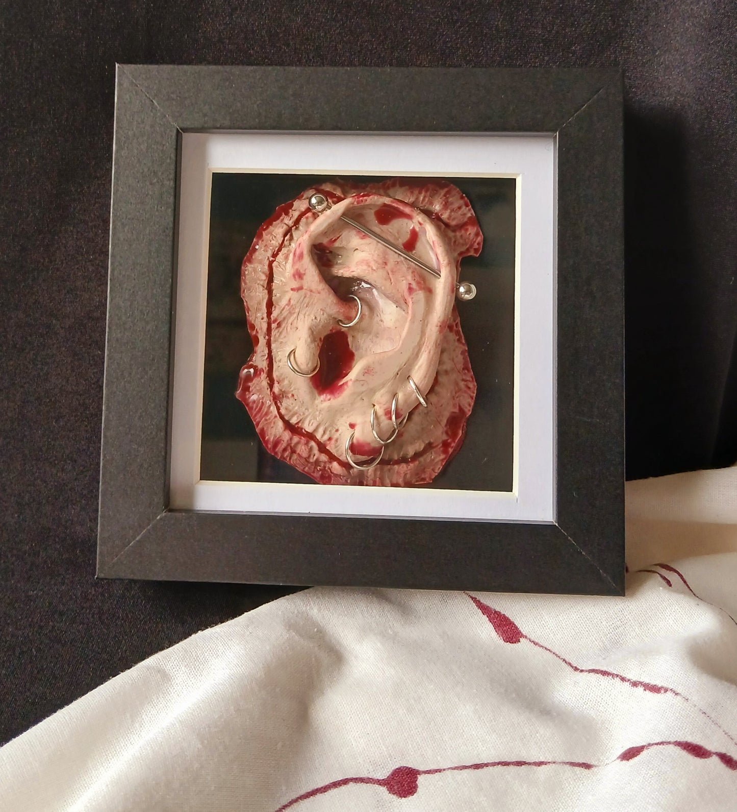 Severed Ear in a Frame- Handmade Realistic Silicone Props - Realistic - Prosthetic - Horror - Halloween - Movie/Film Prop - Present - SFX