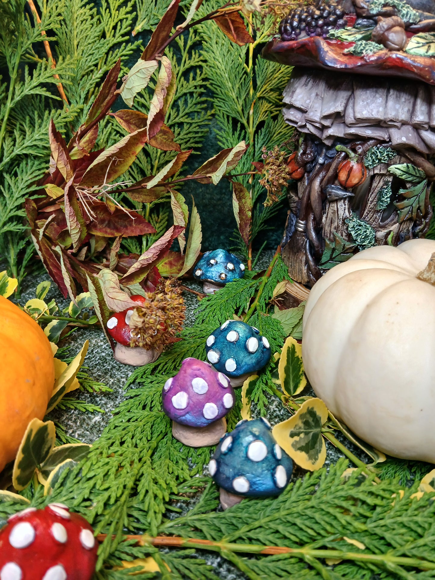 Two Clay Mushrooms (Individually Hand Sculpted and Painted)