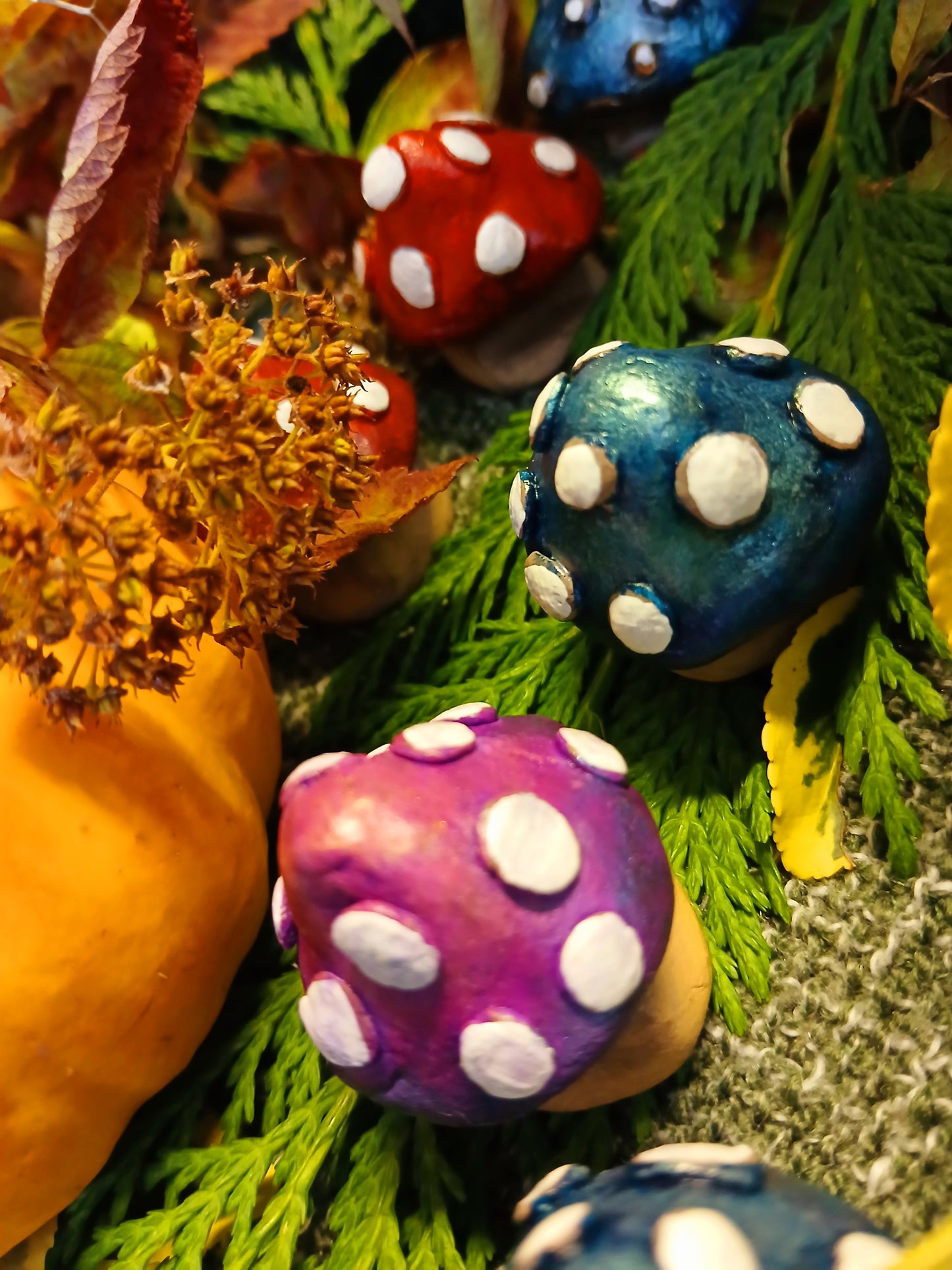 Two Clay Mushrooms (Individually Hand Sculpted and Painted)