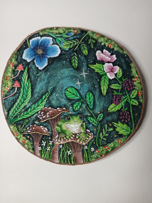 Whimsical frog painting. Large Wood Slice.Hand painted original art piece.Indoor use only.As seen on tiktok.