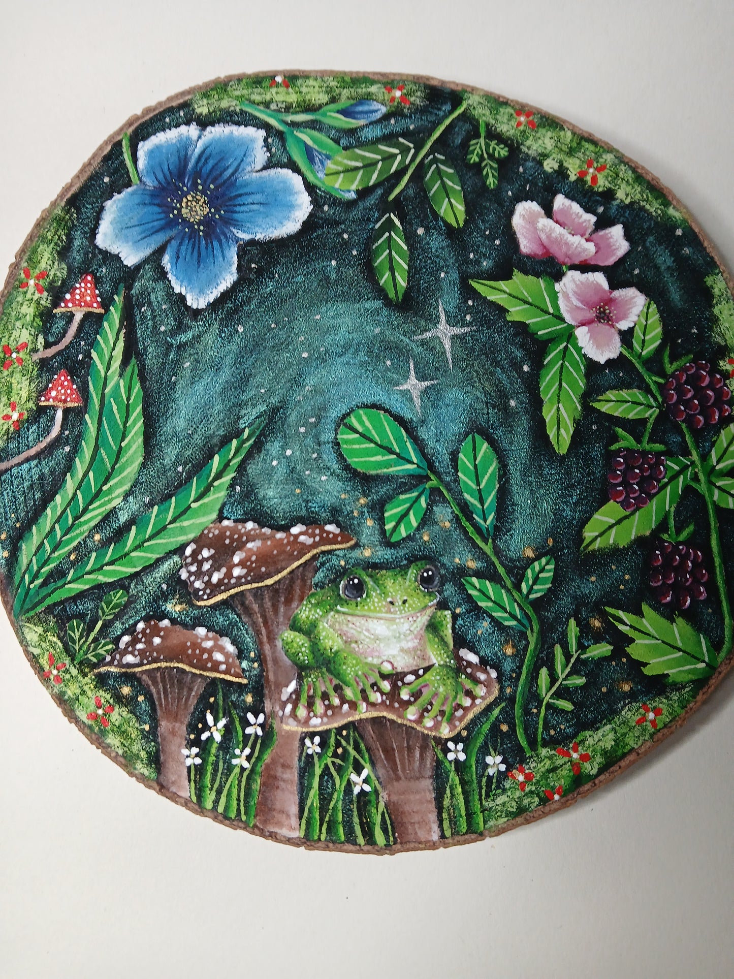 Whimsical frog painting. Large Wood Slice.Hand painted original art piece.Indoor use only.As seen on tiktok.